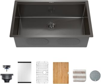 32-Inch Gloss Black Workstation Undermount Single Bowl Kitchen Sink;  16 Gauge Stainless Steel with Ceramic Coating and NanoTek Sink with Bamboo Cutti